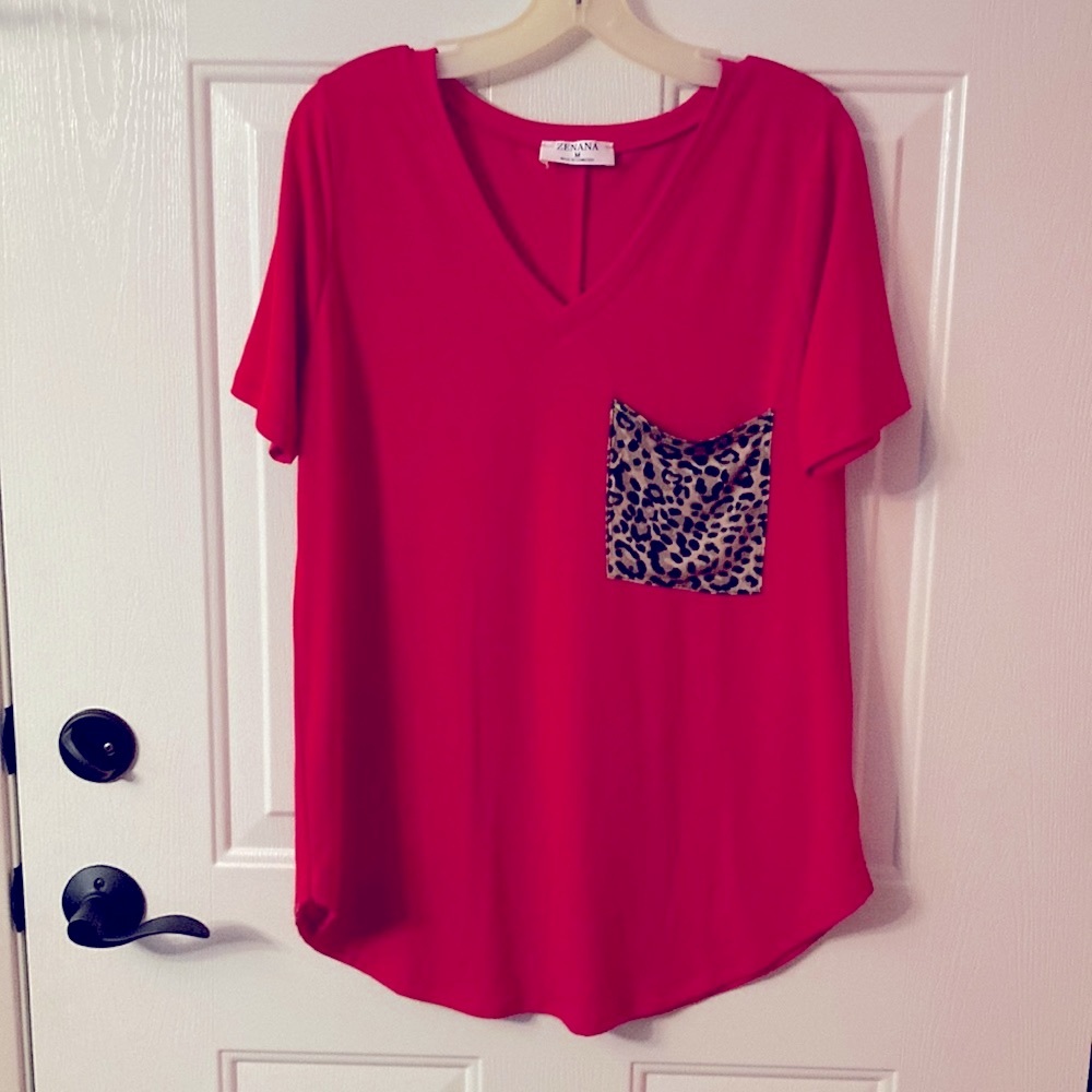 ZENANA - red with a leopard print pocket on the front. Size medium. NWOT